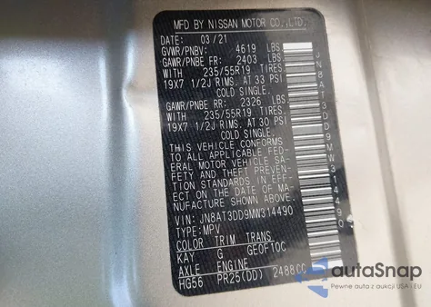 2021 Nissan Rogue Platinum Intelligent Awd из США, поврежденный, VIN JN8AT3DD9MW314490